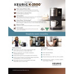 Keurig Product Sheet K-2500 Commercial Professional Single Serve Coffee and Tea Maker